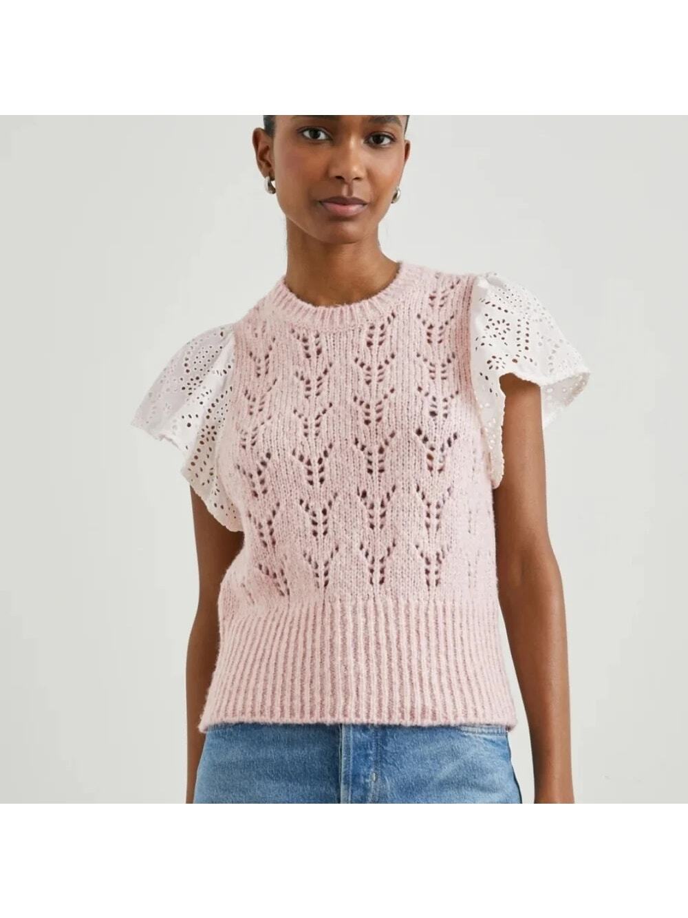 Rails Everly Pointelle Knit Flutter-Sleeve Sweater Top Maueve Pink Small